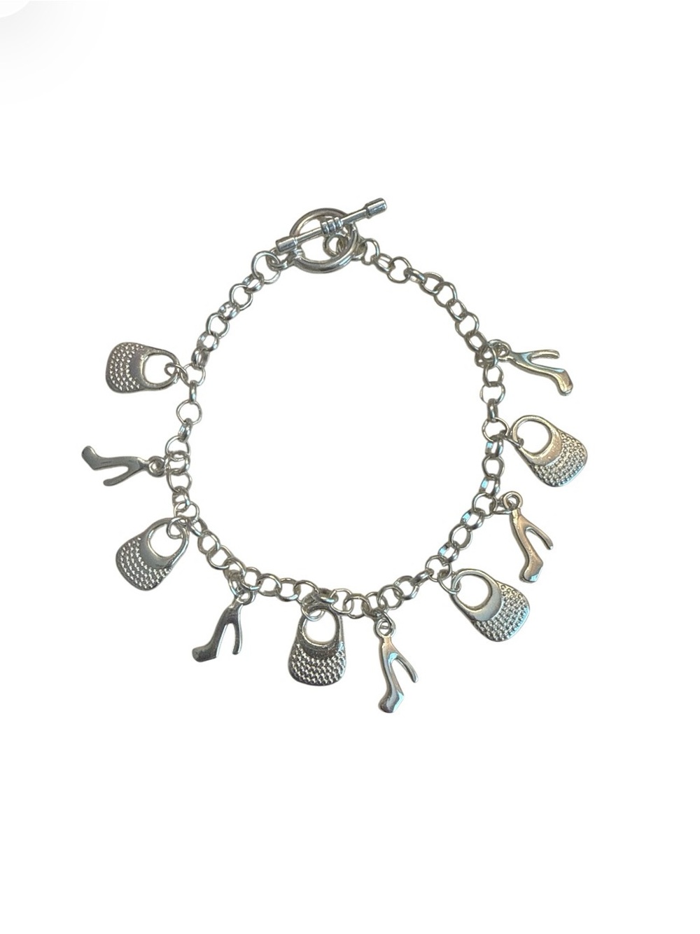 Silver Tone Handbag & High Heel Charm Bracelet Fashion Jewelry